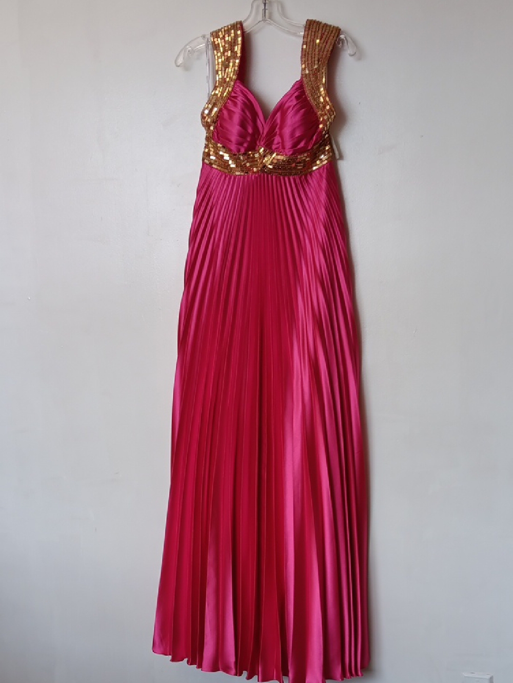 Tiffany Designs Fuchsia Maxi Gown with Gold Sequin Bodice